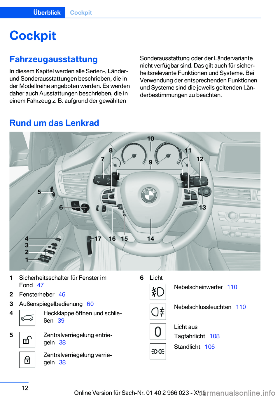 BMW X6 2016  Betriebsanleitungen (in German) CockpitFahrzeugausstattung
In diesem Kapitel werden alle Serien-, Länder-
und Sonderausstattungen beschrieben, die in
der Modellreihe angeboten werden. Es werden
daher auch Ausstattungen beschrieben,