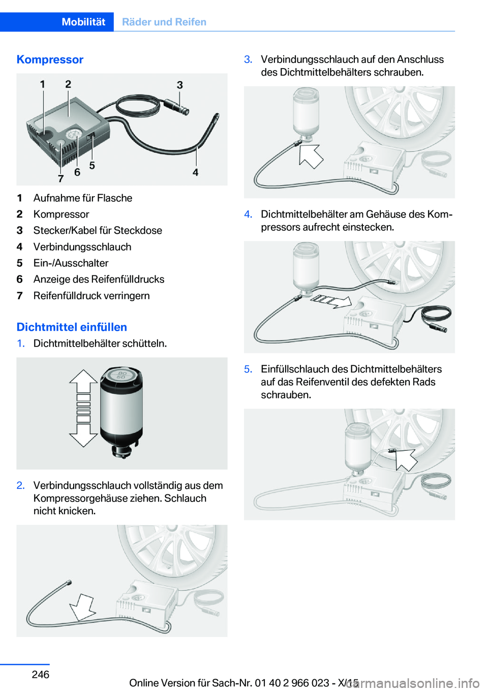 BMW X6 2016  Betriebsanleitungen (in German) Kompressor1Aufnahme für Flasche2Kompressor3Stecker/Kabel für Steckdose4Verbindungsschlauch5Ein-/Ausschalter6Anzeige des Reifenfülldrucks7Reifenfülldruck verringern
Dichtmittel einfüllen
1.Dichtmi