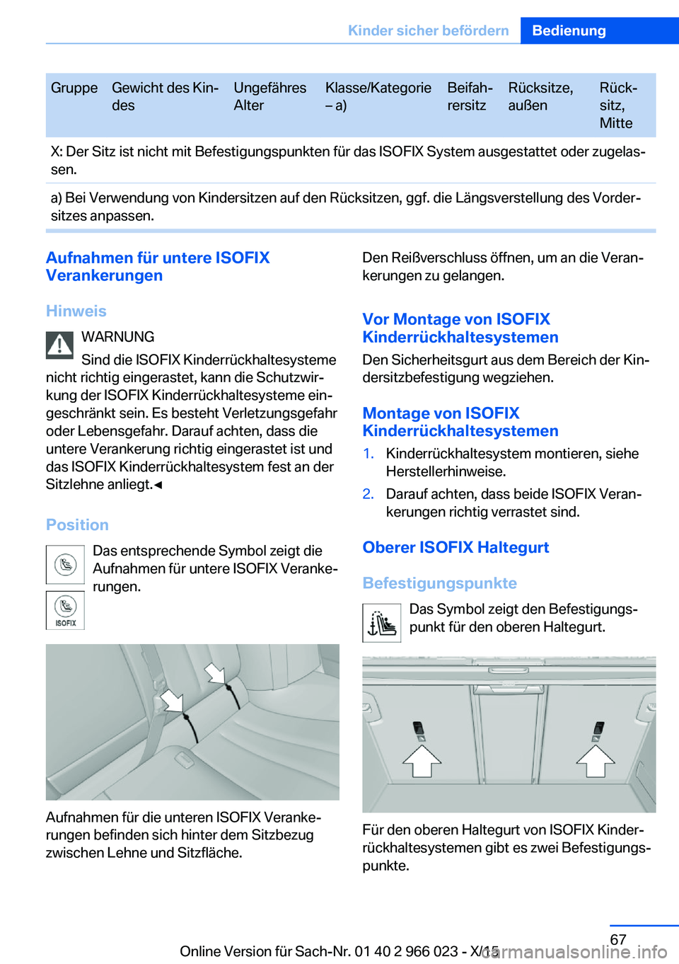 BMW X6 2016 Betriebsanleitungen (in German) GruppeGewicht des Kin‐
desUngefähres
AlterKlasse/Kategorie
– a)Beifah‐
rersitzRücksitze,
außenRück‐
sitz,
MitteX: Der Sitz ist nicht mit Befestigungspunkten für das ISOFIX System ausgesta BMW X6 2016 Betriebsanleitungen (in German) GruppeGewicht des Kin‐
desUngefähres
AlterKlasse/Kategorie
– a)Beifah‐
rersitzRücksitze,
außenRück‐
sitz,
MitteX: Der Sitz ist nicht mit Befestigungspunkten für das ISOFIX System ausgesta