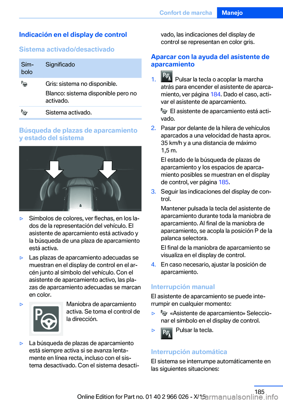 BMW X6 2016 Manuales de Empleo (in Spanish) Indicación en el display de control
Sistema activado/desactivadoSím‐
boloSignificado Gris: sistema no disponible.
Blanco: sistema disponible pero no
activado. Sistema activado.
Búsqueda de plazas BMW X6 2016 Manuales de Empleo (in Spanish) Indicación en el display de control
Sistema activado/desactivadoSím‐
boloSignificado Gris: sistema no disponible.
Blanco: sistema disponible pero no
activado. Sistema activado.
Búsqueda de plazas