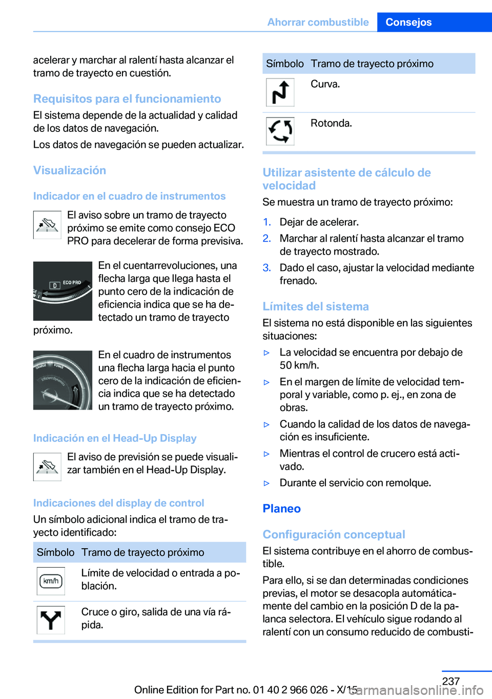 BMW X6 2016 Manuales de Empleo (in Spanish) acelerar y marchar al ralentí hasta alcanzar el
tramo de trayecto en cuestión.
Requisitos para el funcionamiento El sistema depende de la actualidad y calidad
de los datos de navegación.
Los datos BMW X6 2016 Manuales de Empleo (in Spanish) acelerar y marchar al ralentí hasta alcanzar el
tramo de trayecto en cuestión.
Requisitos para el funcionamiento El sistema depende de la actualidad y calidad
de los datos de navegación.
Los datos