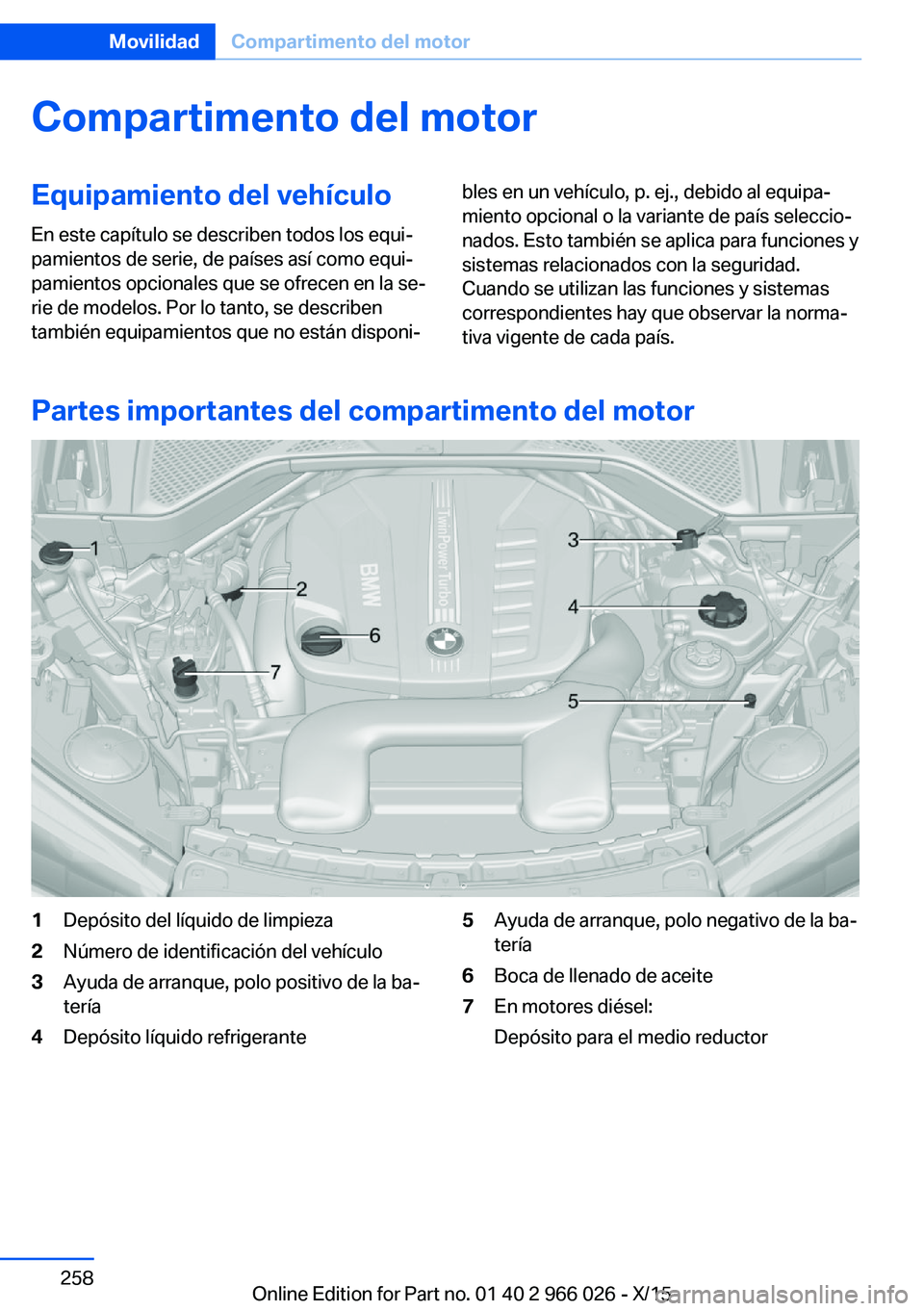 BMW X6 2016 Manuales de Empleo (in Spanish) Compartimento del motorEquipamiento del vehículoEn este capítulo se describen todos los equi‐
pamientos de serie, de países así como equi‐
pamientos opcionales que se ofrecen en la se‐
rie d BMW X6 2016 Manuales de Empleo (in Spanish) Compartimento del motorEquipamiento del vehículoEn este capítulo se describen todos los equi‐
pamientos de serie, de países así como equi‐
pamientos opcionales que se ofrecen en la se‐
rie d