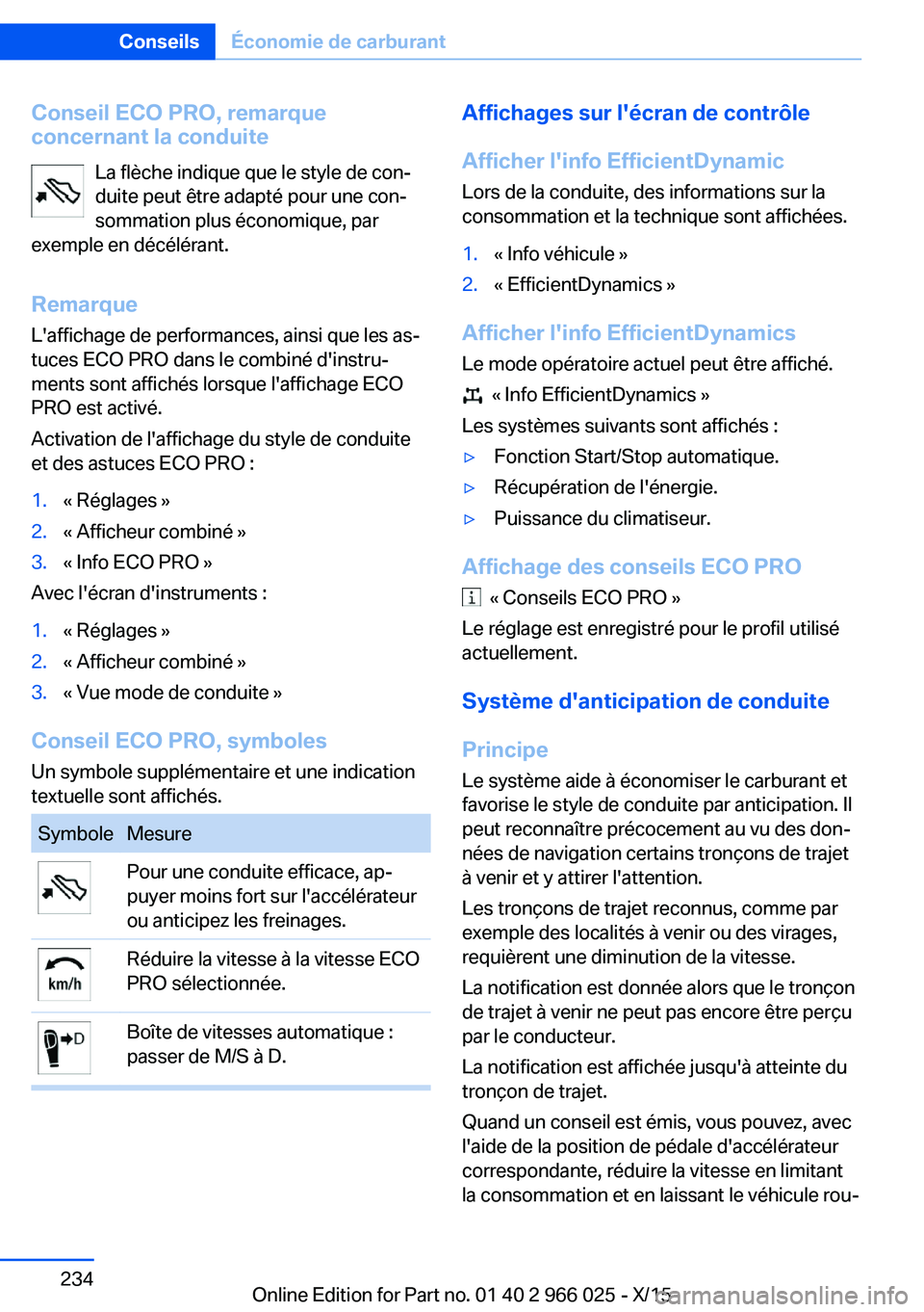 BMW X6 2016  Notices Demploi (in French) Conseil ECO PRO, remarque
concernant la conduite
La flèche indique que le style de con‐
duite peut être adapté pour une con‐
sommation plus économique, par
exemple en décélérant.
Remarque
L