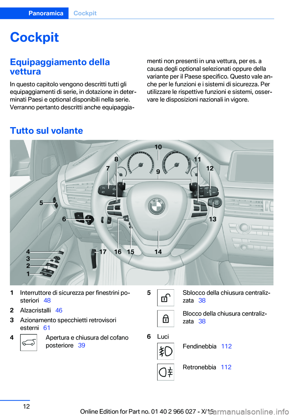 BMW X6 2016  Libretti Di Uso E manutenzione (in Italian) CockpitEquipaggiamento dellavettura
In questo capitolo vengono descritti tutti gli equipaggiamenti di serie, in dotazione in deter‐
minati Paesi e optional disponibili nella serie.
Verranno pertanto