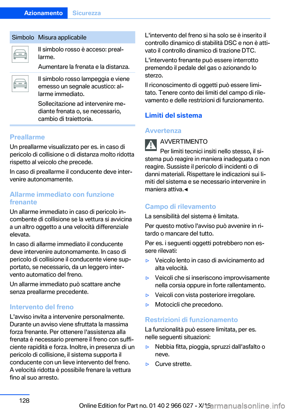 BMW X6 2016 Libretti Di Uso E manutenzione (in Italian) SimboloMisura applicabileIl simbolo rosso è acceso: preal‐
larme.
Aumentare la frenata e la distanza.Il simbolo rosso lampeggia e viene
emesso un segnale acustico: al‐
larme immediato.
Sollecitaz BMW X6 2016 Libretti Di Uso E manutenzione (in Italian) SimboloMisura applicabileIl simbolo rosso è acceso: preal‐
larme.
Aumentare la frenata e la distanza.Il simbolo rosso lampeggia e viene
emesso un segnale acustico: al‐
larme immediato.
Sollecitaz