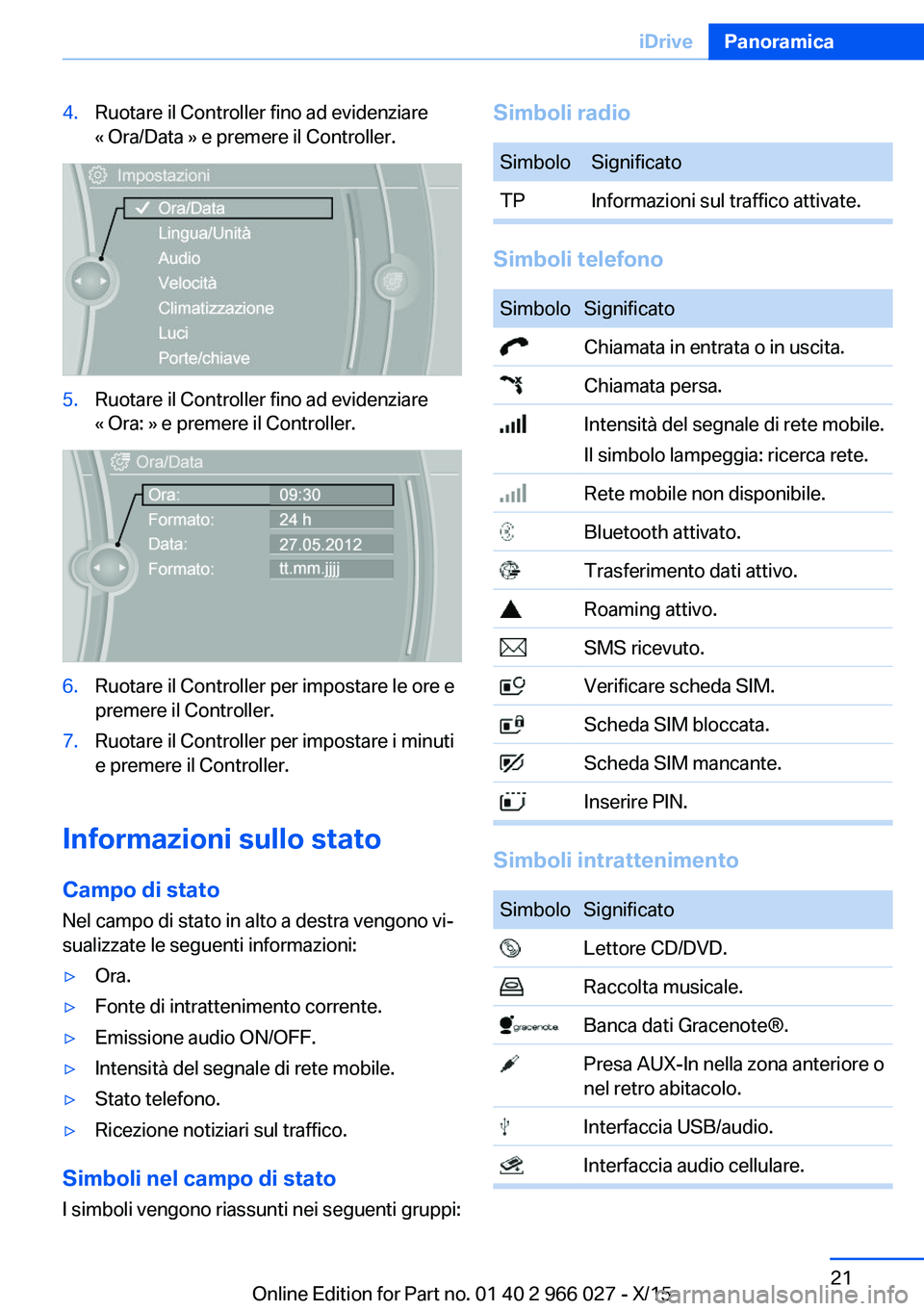 BMW X6 2016  Libretti Di Uso E manutenzione (in Italian) 4.Ruotare il Controller fino ad evidenziare
« Ora/Data » e premere il Controller.5.Ruotare il Controller fino ad evidenziare
« Ora: » e premere il Controller.6.Ruotare il Controller per impostare 
