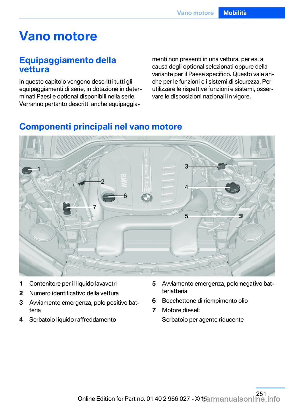 BMW X6 2016  Libretti Di Uso E manutenzione (in Italian) Vano motoreEquipaggiamento della
vettura
In questo capitolo vengono descritti tutti gli
equipaggiamenti di serie, in dotazione in deter‐
minati Paesi e optional disponibili nella serie.
Verranno per