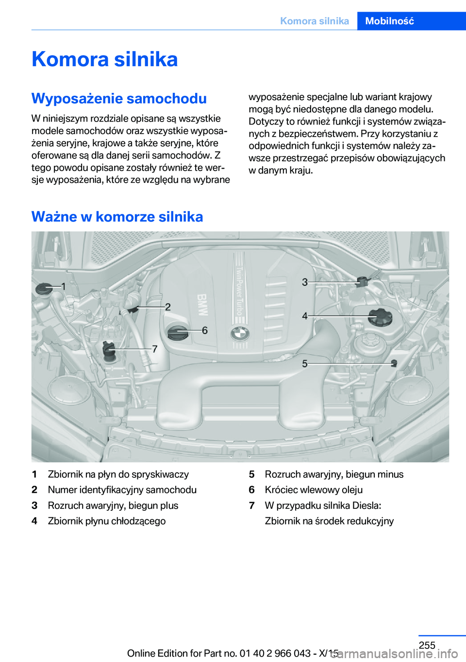 BMW X6 2016  Instrukcja obsługi (in Polish) Komora silnikaWyposażenie samochodu
W niniejszym rozdziale opisane są wszystkie
modele samochodów oraz wszystkie wyposa‐
żenia seryjne, krajowe a także seryjne, które
oferowane są dla danej s