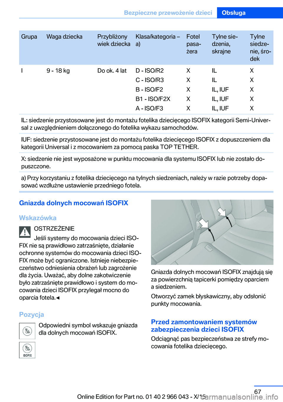BMW X6 2016 Instrukcja obsługi (in Polish) GrupaWaga dzieckaPrzybliżony
wiek dzieckaKlasa/kategoria –
a)Fotel
pasa‐
żeraTylne sie‐
dzenia,
skrajneTylne
siedze‐
nie, śro‐
dekI9 - 18 kgDo ok. 4 latD - ISO/R2
C - ISO/R3
B - ISO/F2
B1 BMW X6 2016 Instrukcja obsługi (in Polish) GrupaWaga dzieckaPrzybliżony
wiek dzieckaKlasa/kategoria –
a)Fotel
pasa‐
żeraTylne sie‐
dzenia,
skrajneTylne
siedze‐
nie, śro‐
dekI9 - 18 kgDo ok. 4 latD - ISO/R2
C - ISO/R3
B - ISO/F2
B1