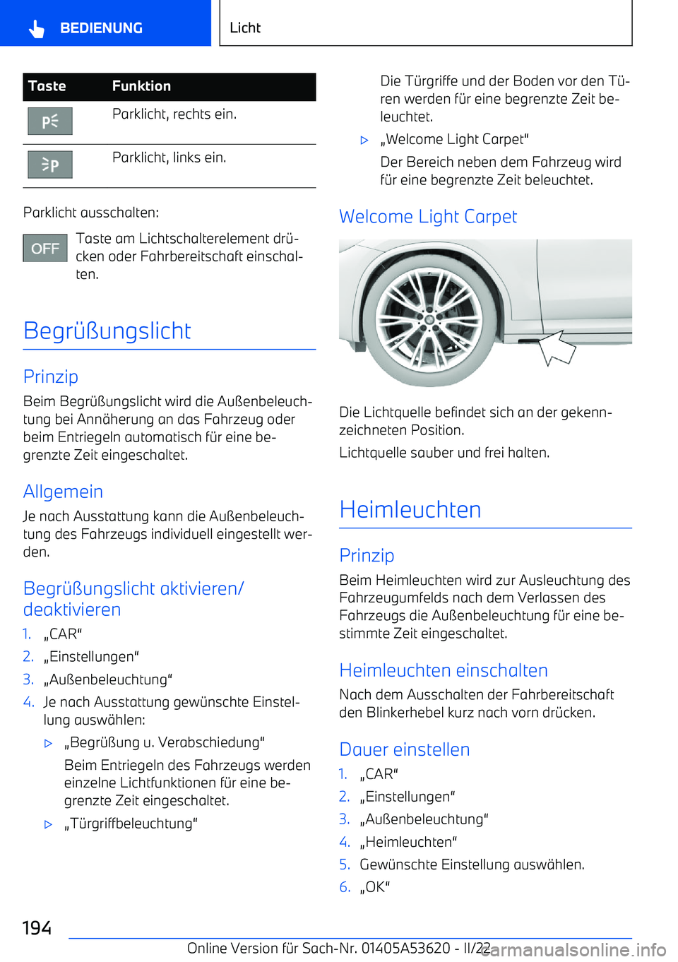 BMW X6 M 2022  Betriebsanleitungen (in German) TasteFunktionParklicht, rechts ein.Parklicht, links ein.
Parklicht ausschalten:Taste am Lichtschalterelement dr