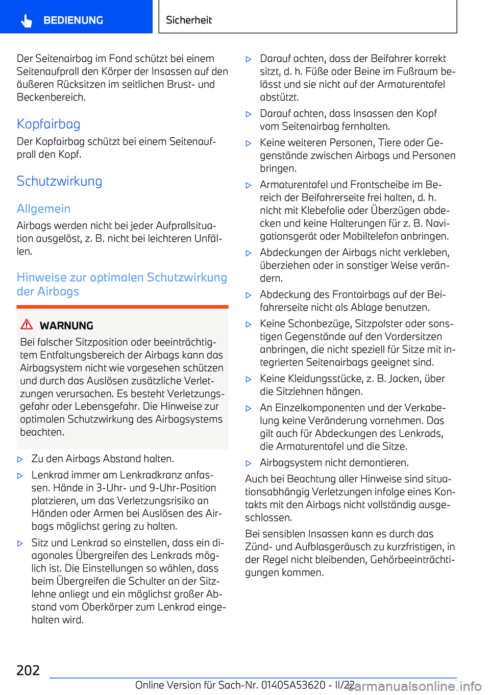 BMW X6 M 2022  Betriebsanleitungen (in German) Der Seitenairbag im Fond sch