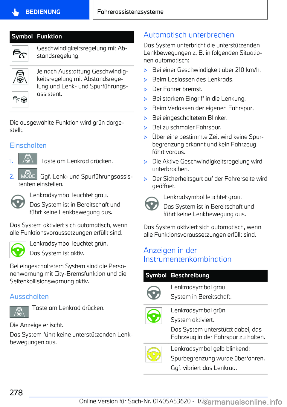 BMW X6 M 2022  Betriebsanleitungen (in German) SymbolFunktionGeschwindigkeitsregelung mit Ab