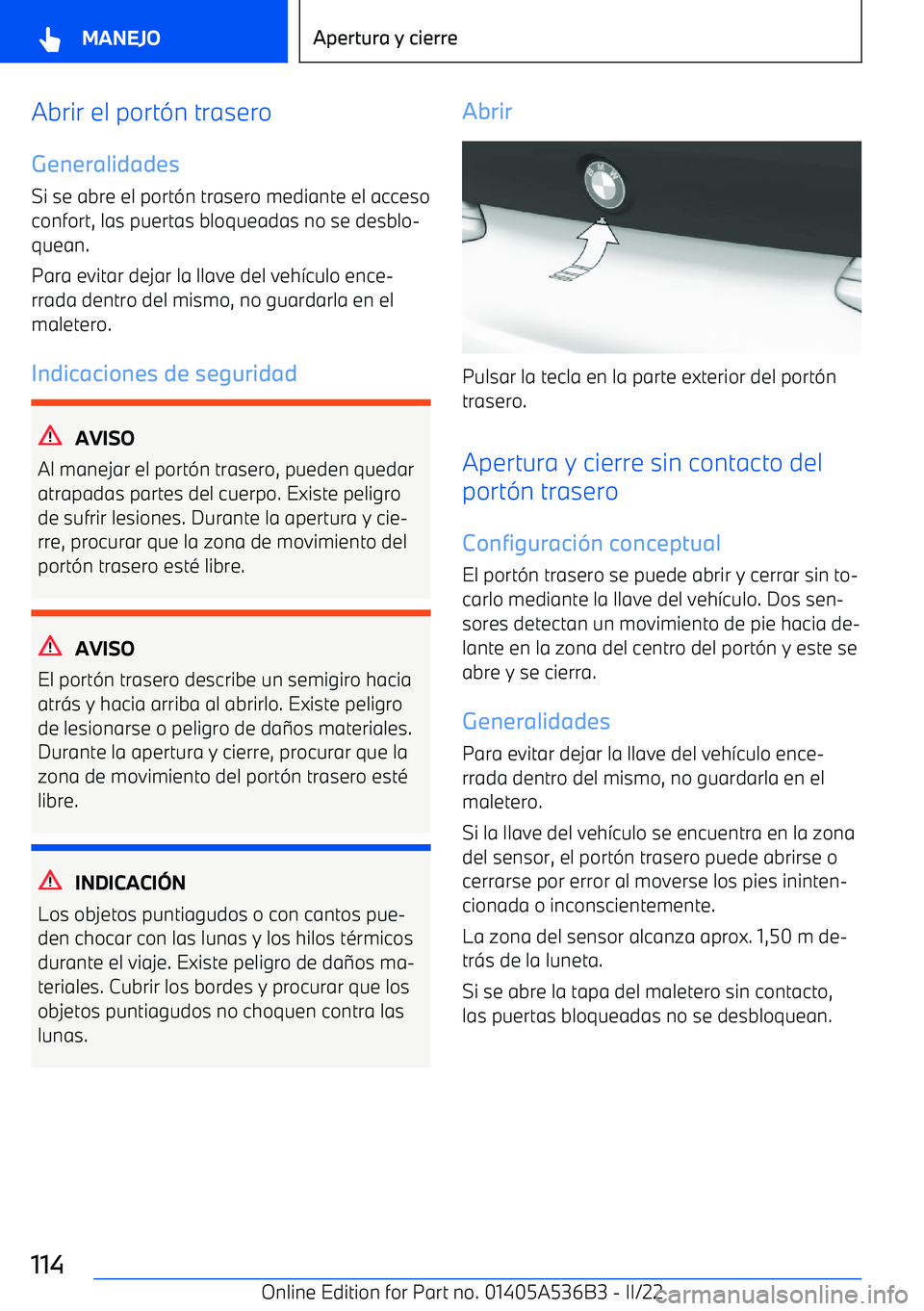 BMW X6 M 2022  Manuales de Empleo (in Spanish) Abrir el port