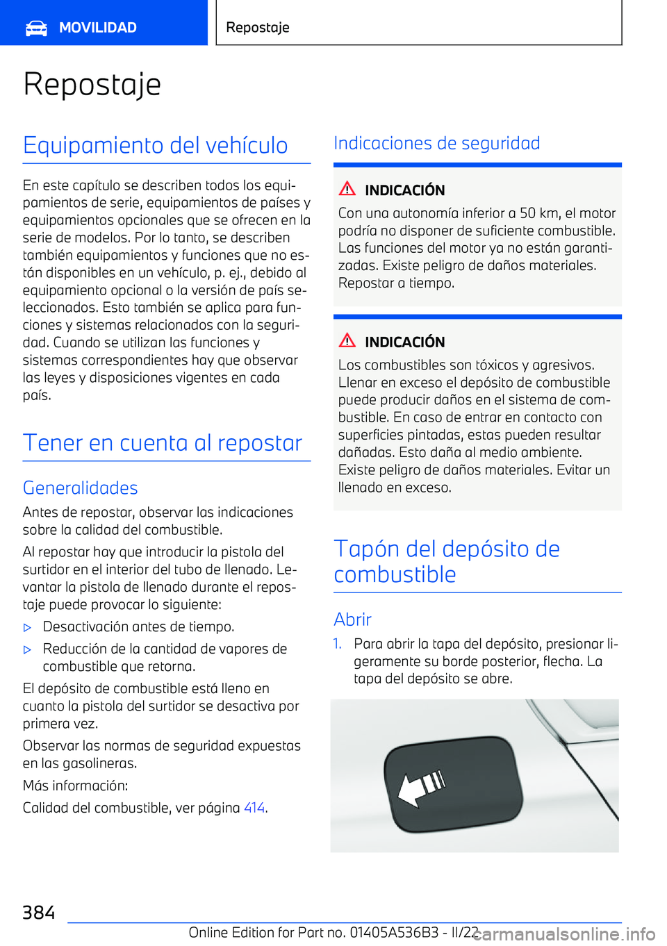 BMW X6 M 2022  Manuales de Empleo (in Spanish) RepostajeEquipamiento del veh