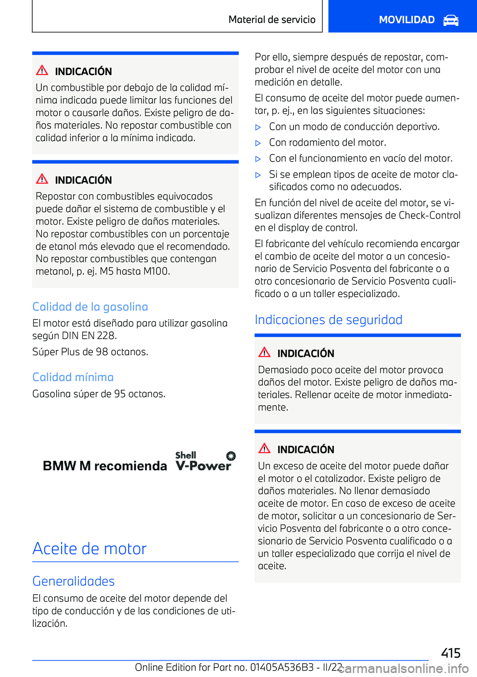 BMW X6 M 2022  Manuales de Empleo (in Spanish) INDICACI