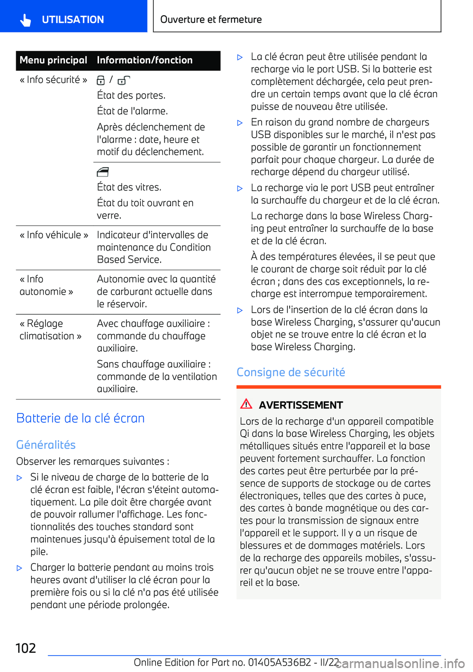 BMW X6 M 2022  Notices Demploi (in French) Menu principalInformation/fonction