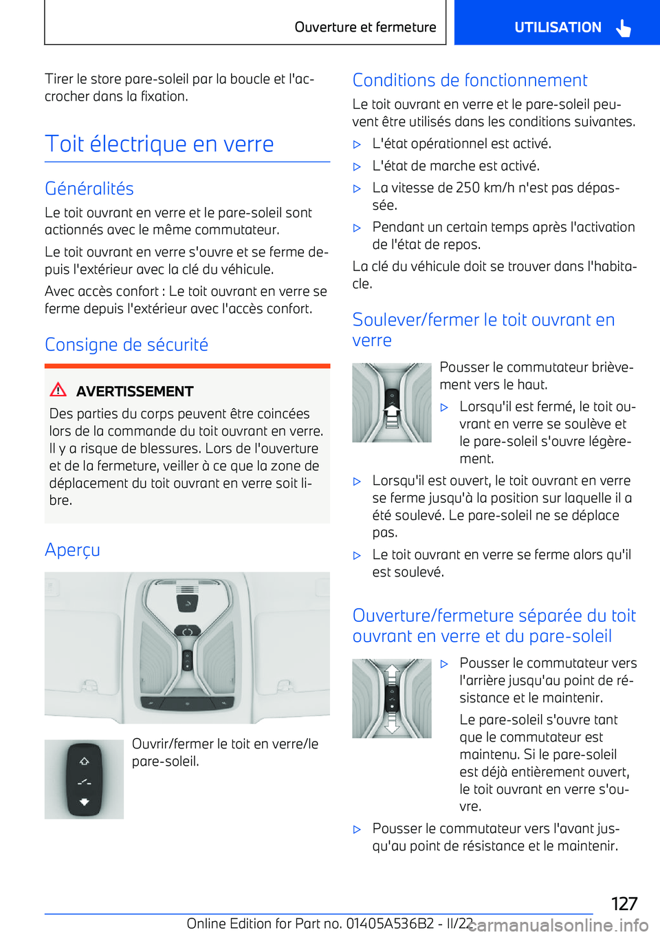 BMW X6 M 2022  Notices Demploi (in French) Tirer le store pare