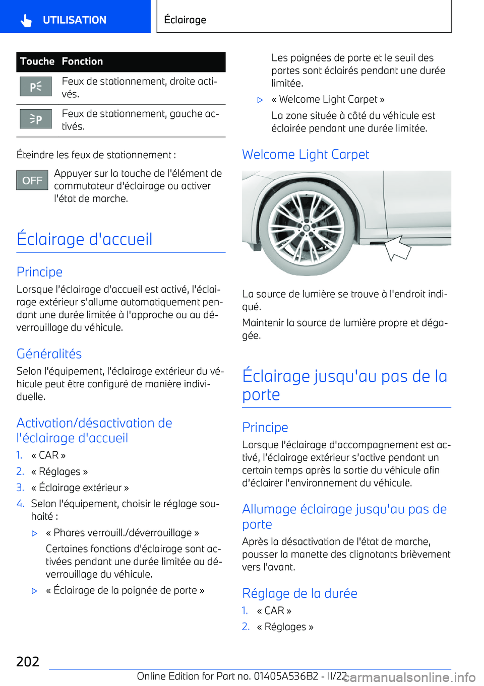 BMW X6 M 2022  Notices Demploi (in French) ToucheFonctionFeux de stationnement, droite acti