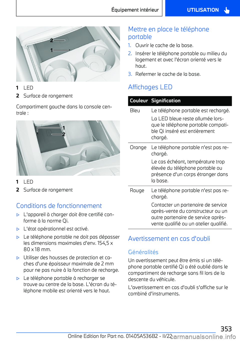 BMW X6 M 2022  Notices Demploi (in French) 1LED2Surface de rangement
Compartiment gauche dans la console cen