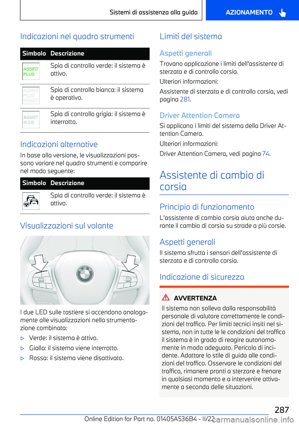 BMW X6 M 2022  Libretti Di Uso E manutenzione (in Italian) Indicazioni nel quadro strumentiSimboloDescrizioneSpia di controllo verde: il sistema 