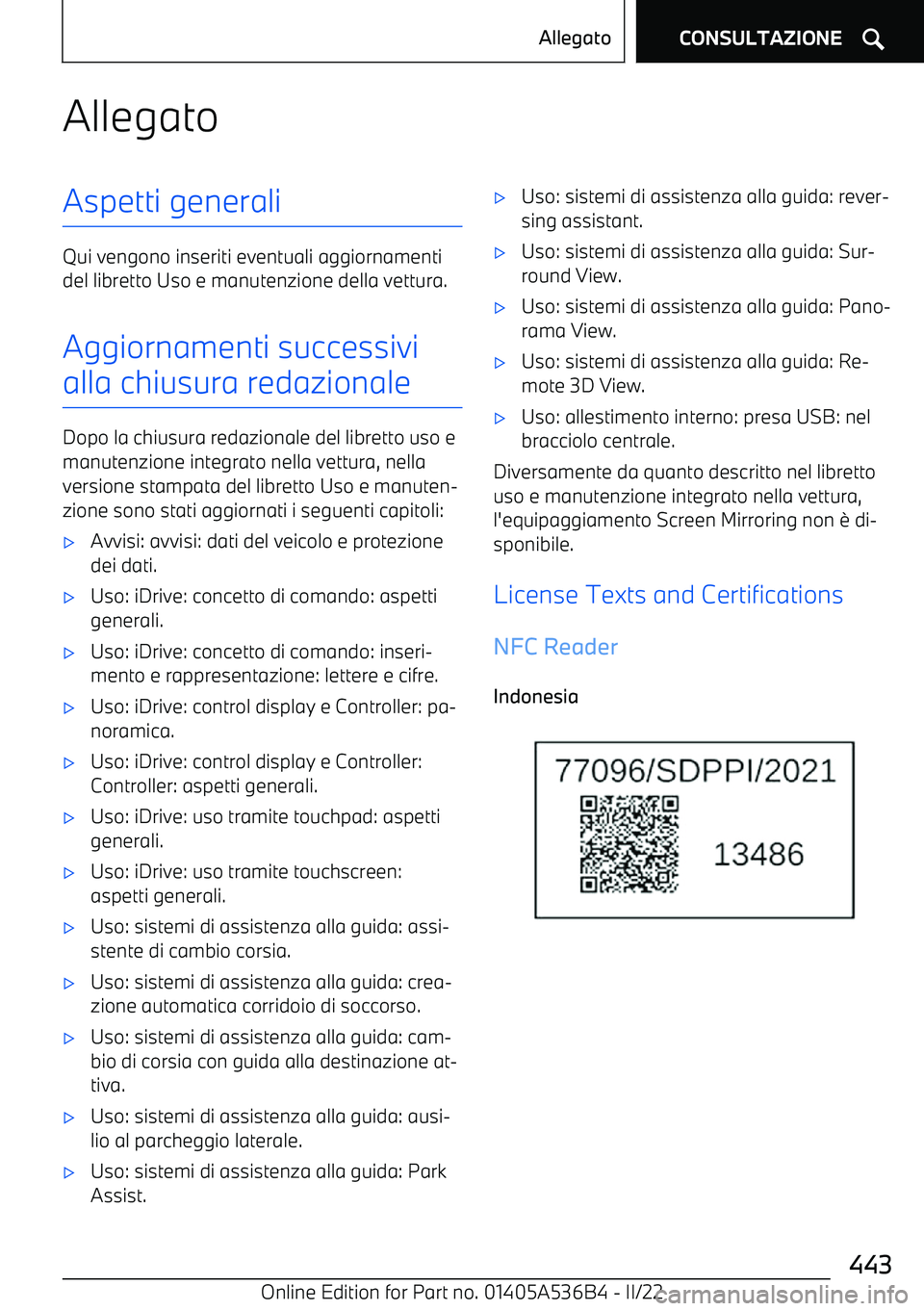 BMW X6 M 2022  Libretti Di Uso E manutenzione (in Italian) AllegatoAspetti generali
Qui vengono inseriti eventuali aggiornamenti
del libretto Uso e manutenzione della vettura.
Aggiornamenti successivi
alla chiusura redazionale
Dopo la chiusura redazionale del