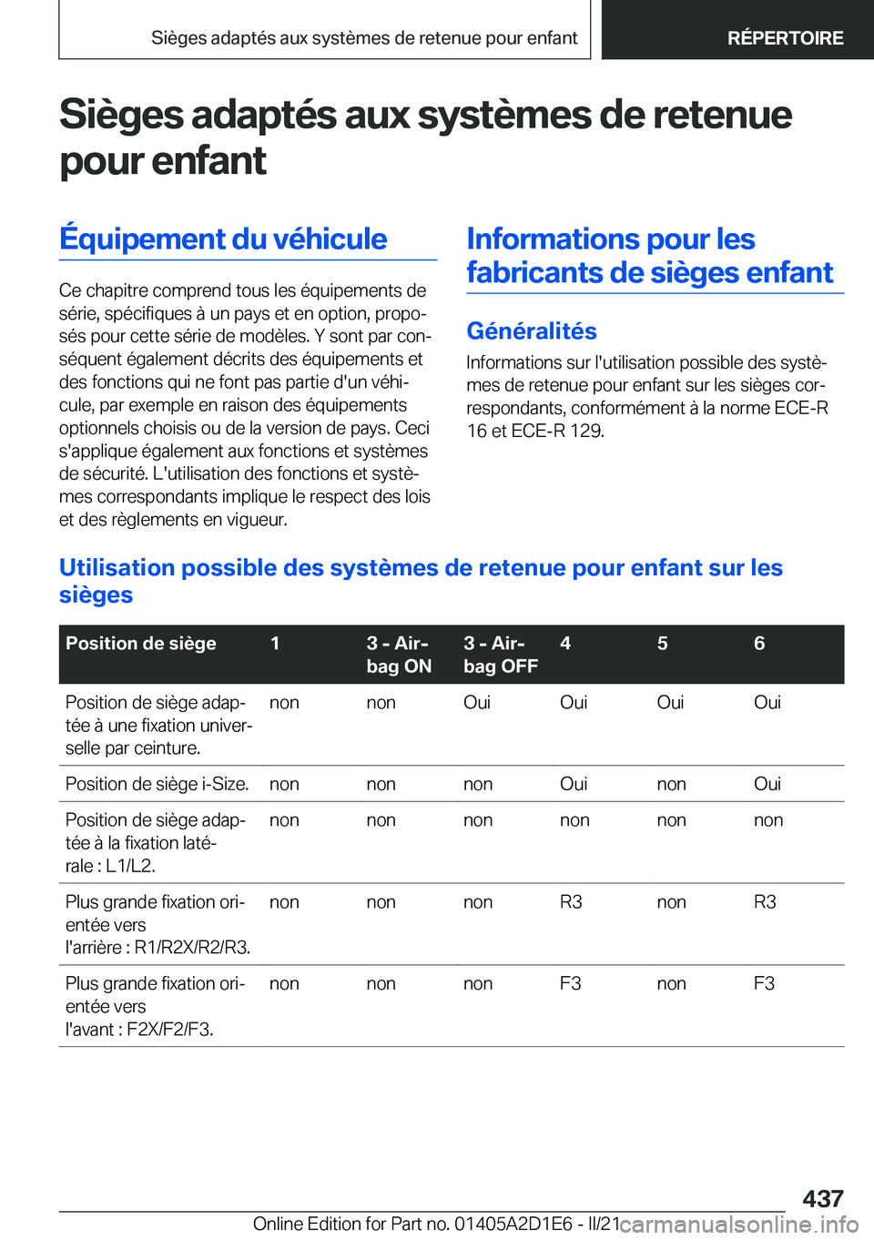 BMW X6 M 2021  Notices Demploi (in French) �S�i�è�g�e�s��a�d�a�p�t�é�s��a�u�x��s�y�s�t�è�m�e�s��d�e��r�e�t�e�n�u�e
�p�o�u�r��e�n�f�a�n�t�