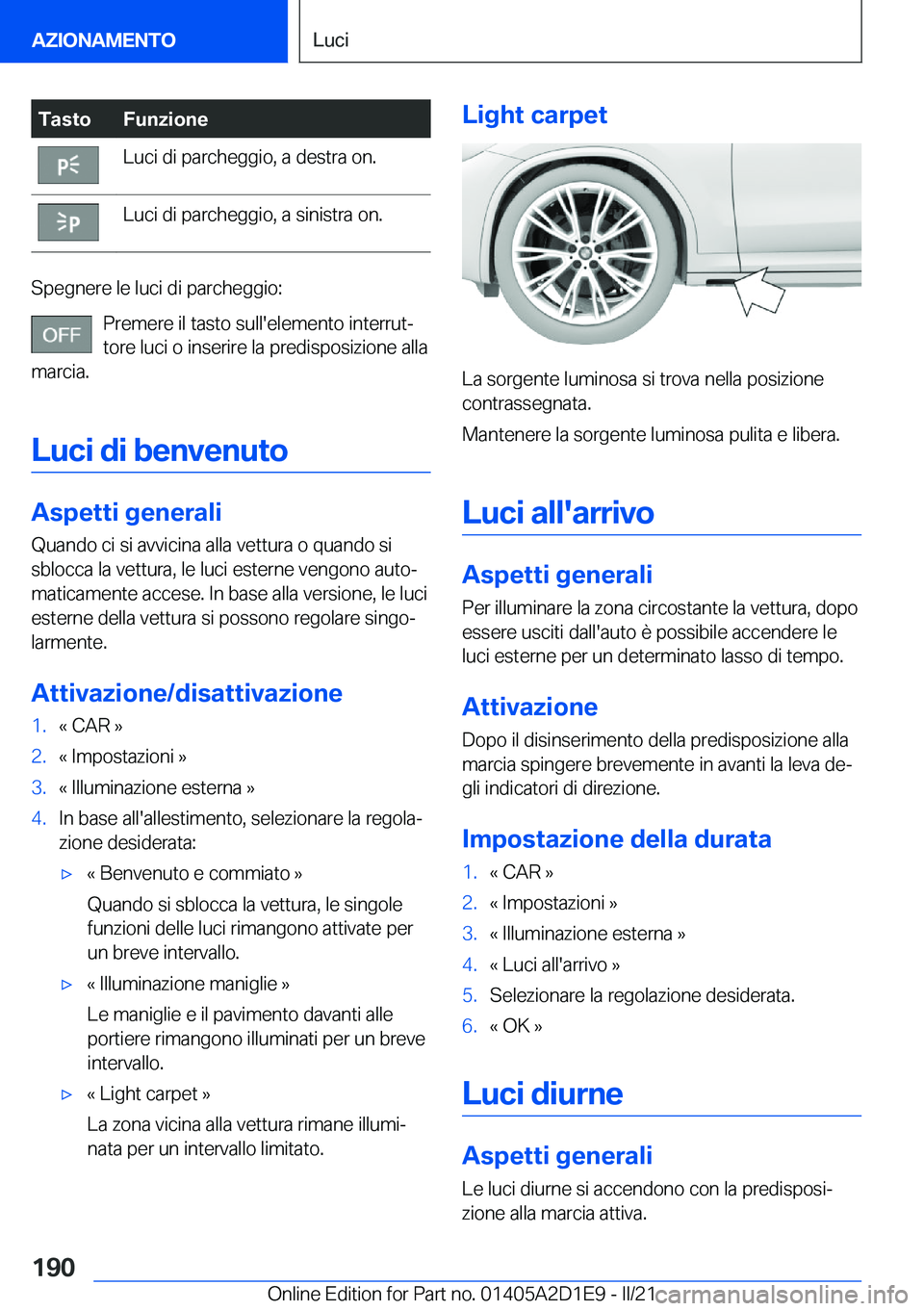 BMW X6 M 2021  Libretti Di Uso E manutenzione (in Italian) �T�a�s�t�o�F�u�n�z�i�o�n�e�L�u�c�i��d�i��p�a�r�c�h�e�g�g�i�o�,��a��d�e�s�t�r�a��o�n�.�L�u�c�i��d�i��p�a�r�c�h�e�g�g�i�o�,��a��s�i�n�i�s�t�r�a��o�n�.
�S�p�e�g�n�e�r�e��l�e��l�u�c�i��d�i��