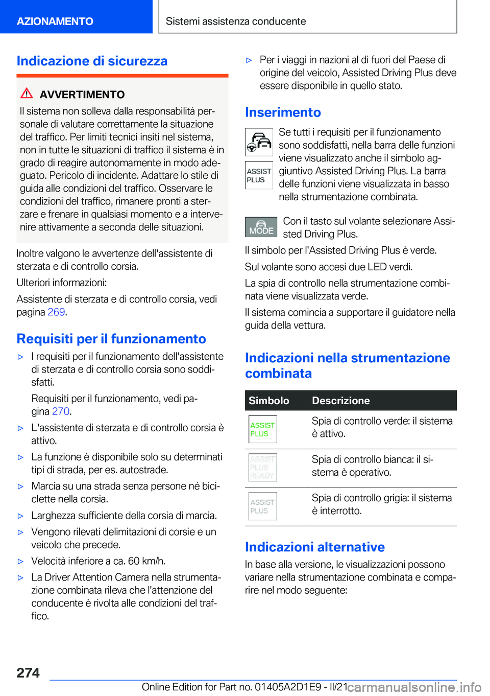 BMW X6 M 2021  Libretti Di Uso E manutenzione (in Italian) �I�n�d�i�c�a�z�i�o�n�e��d�i��s�i�c�u�r�e�z�z�a
�A�V�V�E�R�T�I�M�E�N�T�O
�I�l��s�i�s�t�e�m�a��n�o�n��s�o�l�l�e�v�a��d�a�l�l�a��r�e�s�p�o�n�s�a�b�i�l�i�t�