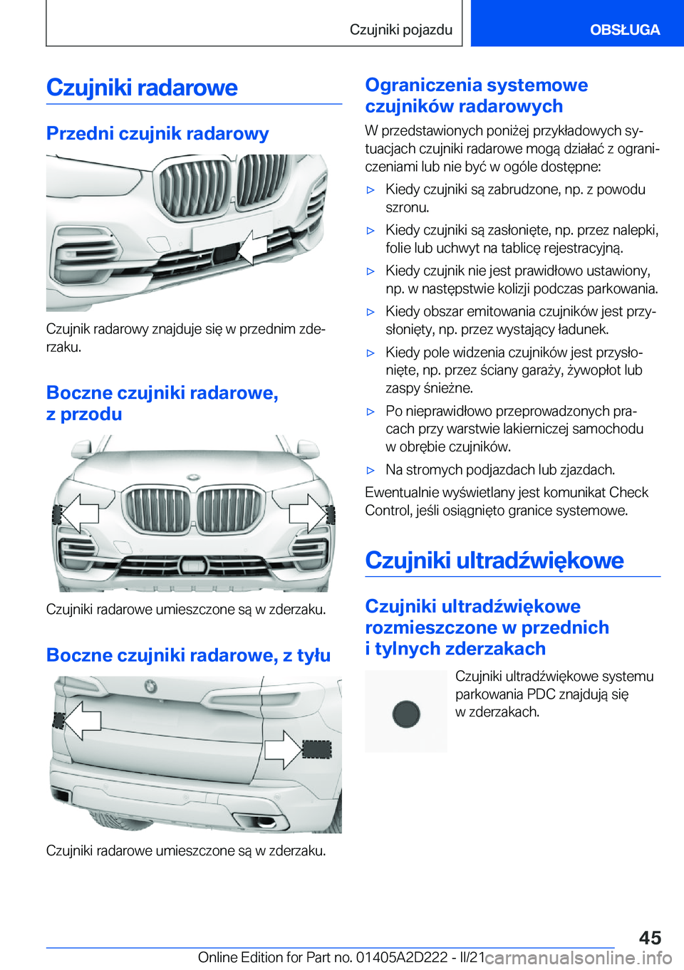 BMW X6 M 2021  Instrukcja obsługi (in Polish) �C�z�u�j�n�i�k�i��r�a�d�a�r�o�w�e
�P�r�z�e�d�n�i��c�z�u�j�n�i�k��r�a�d�a�r�o�w�y
�C�z�u�j�n�i�k��r�a�d�a�r�o�w�y��z�n�a�j�d�u�j�e��s�i�
