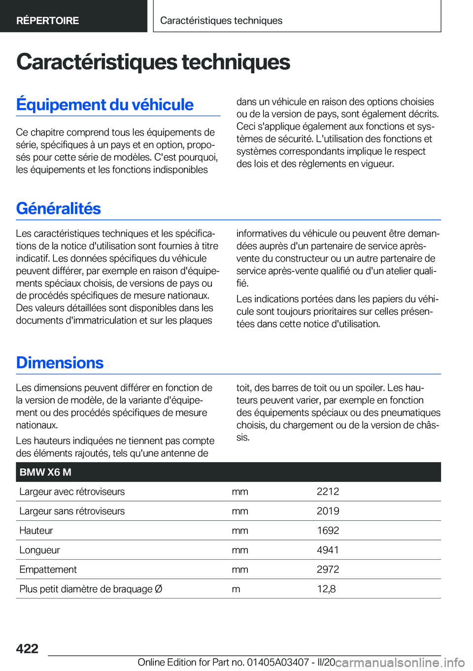 BMW X6 M 2020  Notices Demploi (in French) �C�a�r�a�c�t�é�r�i�s�t�i�q�u�e�s��t�e�c�h�n�i�q�u�e�s�