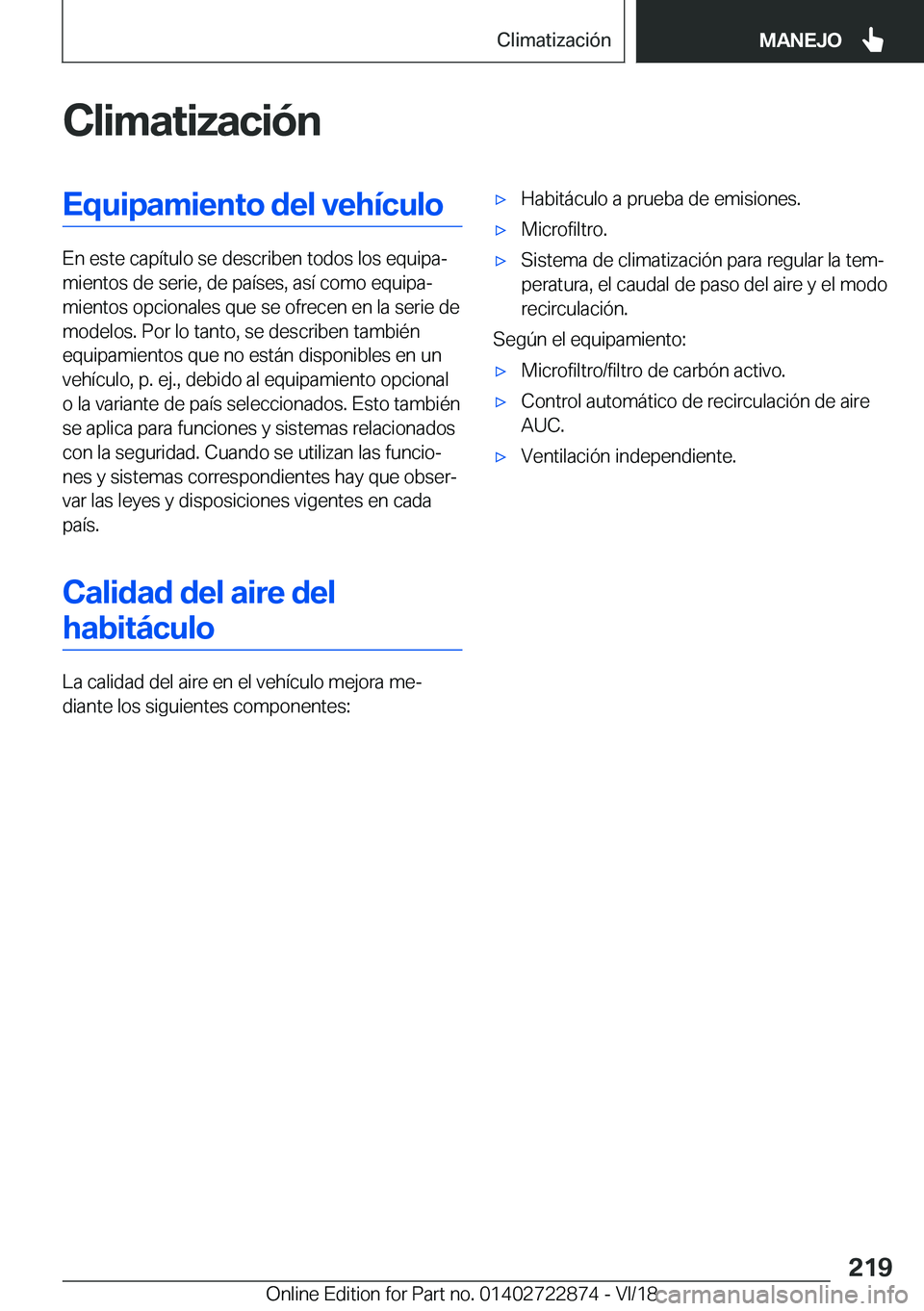 BMW X6 M 2019  Manuales de Empleo (in Spanish) �C�l�i�m�a�t�i�z�a�c�i�