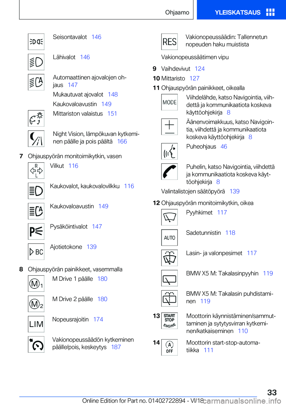 BMW X6 M 2019  Omistajan Käsikirja (in Finnish) �S�e�i�s�o�n�t�a�v�a�l�o�t\_�1�4�6�L�