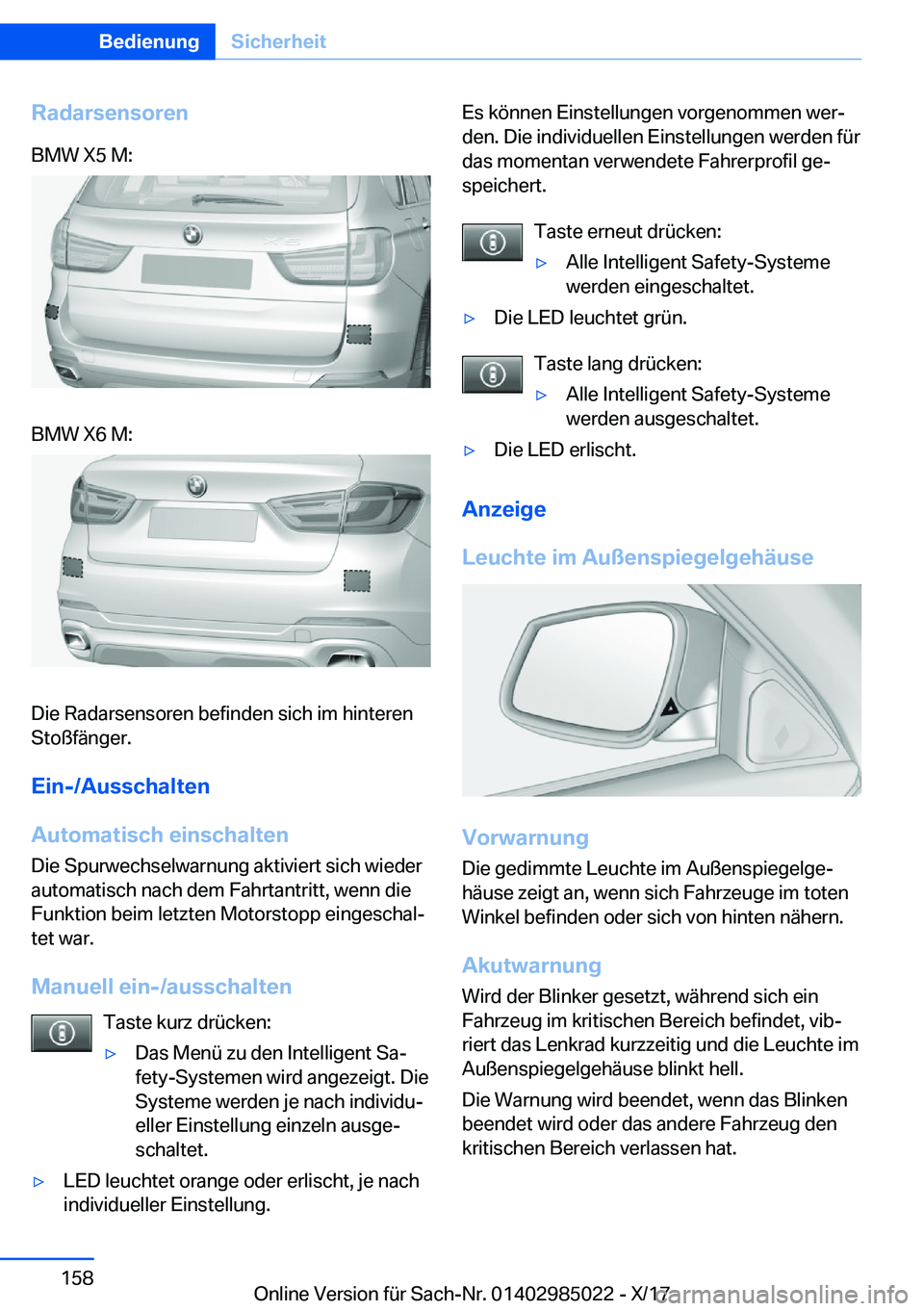 BMW X6 M 2018  Betriebsanleitungen (in German) �R�a�d�a�r�s�e�n�s�o�r�e�n�B�M�W� �X�5� �M�:�B�M�W� �X�6� �M�:
�D�i�e� �R�a�d�a�r�s�e�n�s�o�r�e�n� �b�e�f�i�n�d�e�n� �s�i�c�h� �i�m� �h�i�n�t�e�r�e�n
�S�t�o�