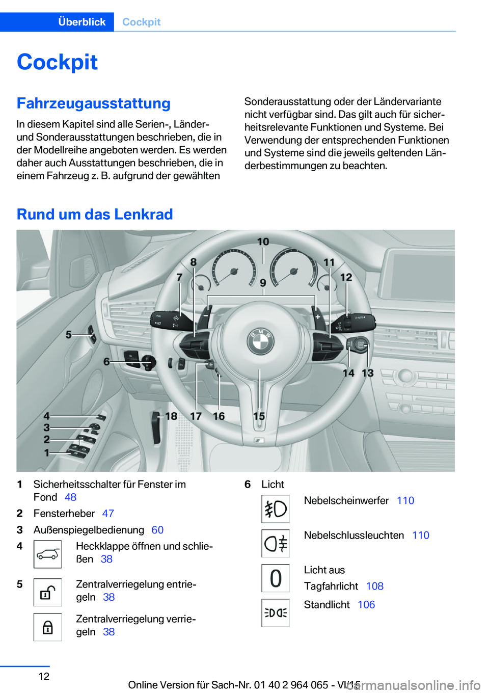 BMW X6 M 2016  Betriebsanleitungen (in German) CockpitFahrzeugausstattung
In diesem Kapitel sind alle Serien-, Länder-
und Sonderausstattungen beschrieben, die in
der Modellreihe angeboten werden. Es werden
daher auch Ausstattungen beschrieben, d