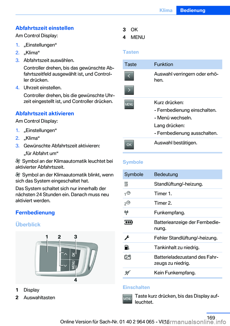 BMW X6 M 2016 Betriebsanleitungen (in German) Abfahrtszeit einstellen
Am Control Display:1.„Einstellungen“2.„Klima“3.Abfahrtszeit auswählen.
Controller drehen, bis das gewünschte Ab‐
fahrtszeitfeld ausgewählt ist, und Control‐
ler BMW X6 M 2016 Betriebsanleitungen (in German) Abfahrtszeit einstellen
Am Control Display:1.„Einstellungen“2.„Klima“3.Abfahrtszeit auswählen.
Controller drehen, bis das gewünschte Ab‐
fahrtszeitfeld ausgewählt ist, und Control‐
ler