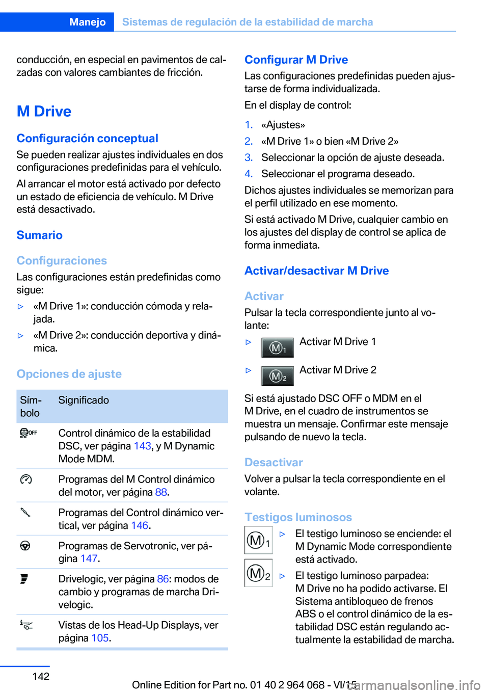 BMW X6 M 2016  Manuales de Empleo (in Spanish) conducción, en especial en pavimentos de cal‐
zadas con valores cambiantes de fricción.
M Drive Configuración conceptual Se pueden realizar ajustes individuales en dos
configuraciones predefinida