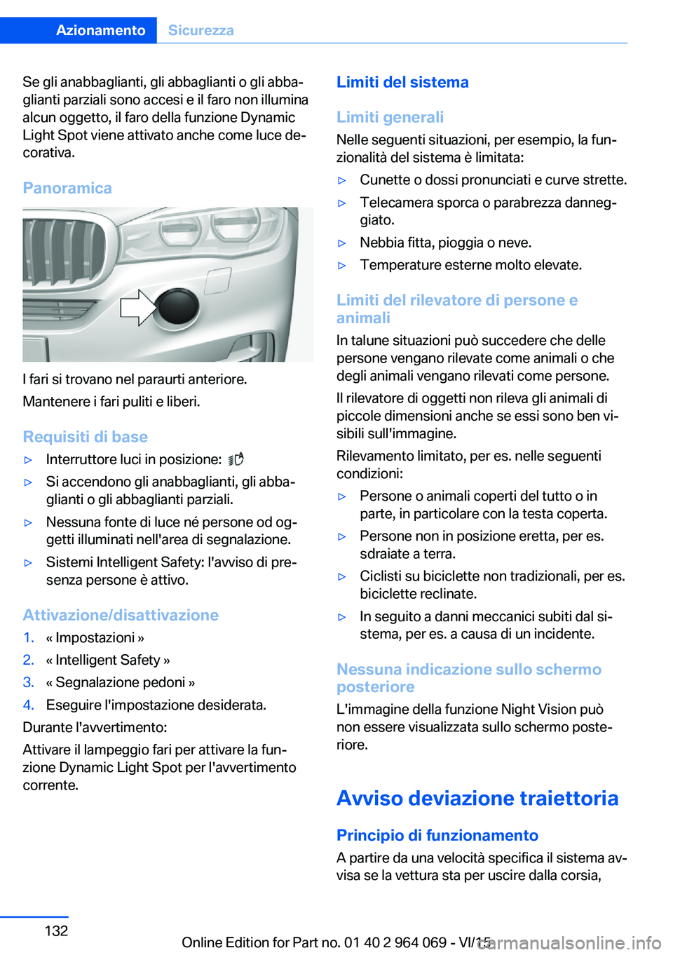 BMW X6 M 2016  Libretti Di Uso E manutenzione (in Italian) Se gli anabbaglianti, gli abbaglianti o gli abba‐
glianti parziali sono accesi e il faro non illumina
alcun oggetto, il faro della funzione Dynamic
Light Spot viene attivato anche come luce de‐
co