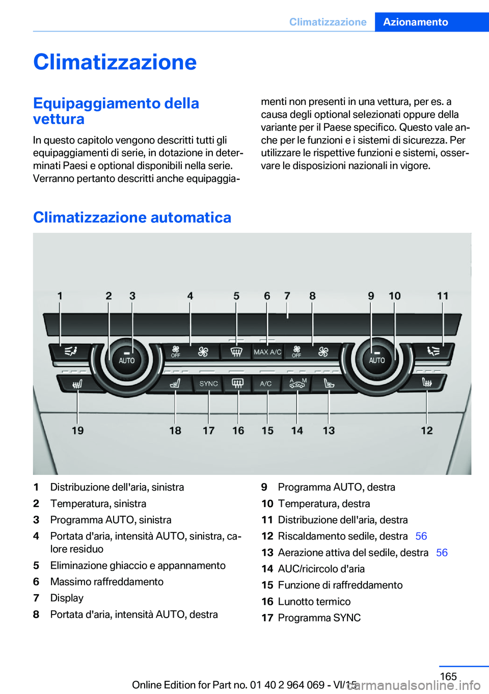 BMW X6 M 2016  Libretti Di Uso E manutenzione (in Italian) ClimatizzazioneEquipaggiamento della
vettura
In questo capitolo vengono descritti tutti gli
equipaggiamenti di serie, in dotazione in deter‐
minati Paesi e optional disponibili nella serie.
Verranno