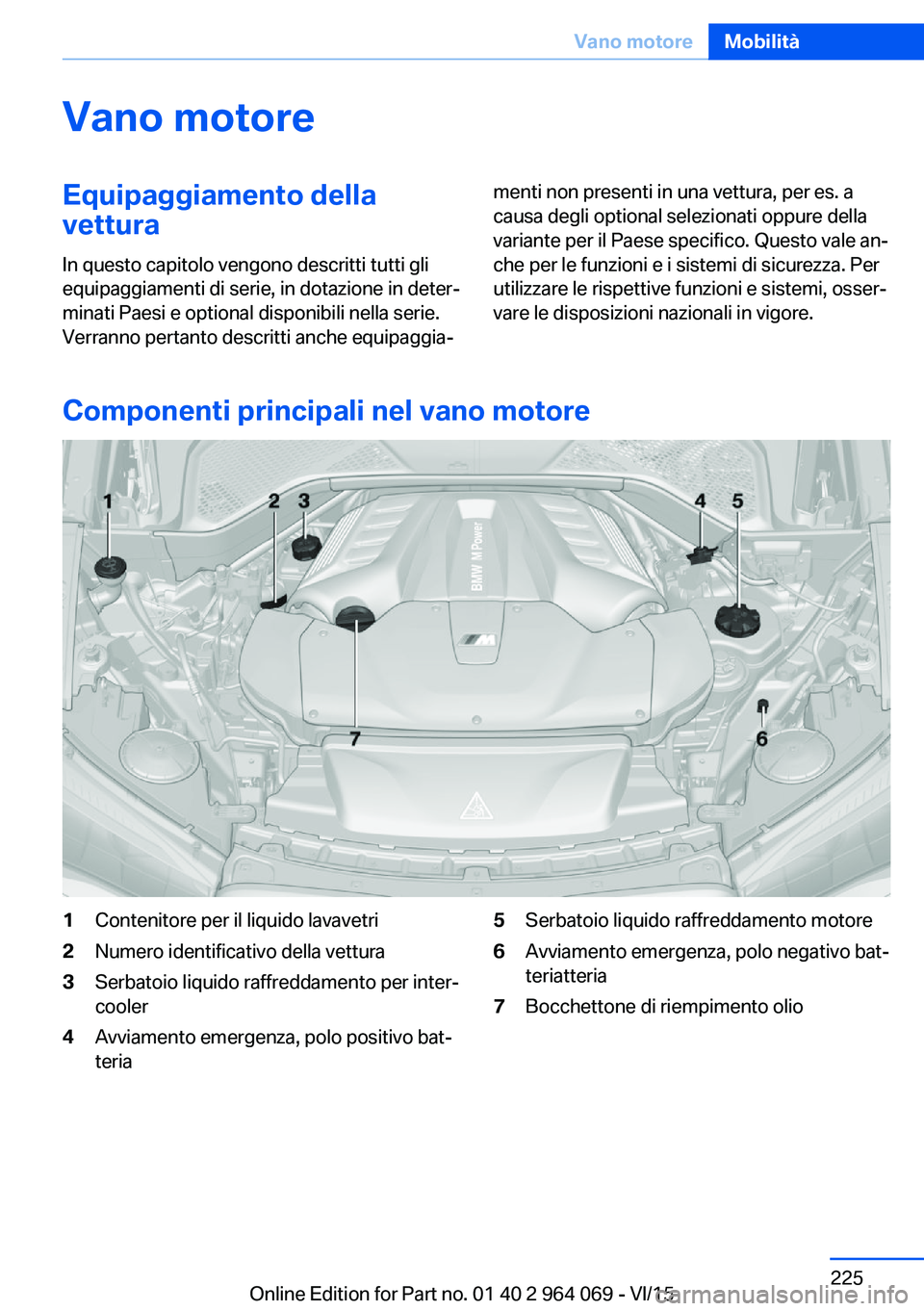 BMW X6 M 2016  Libretti Di Uso E manutenzione (in Italian) Vano motoreEquipaggiamento della
vettura
In questo capitolo vengono descritti tutti gli
equipaggiamenti di serie, in dotazione in deter‐
minati Paesi e optional disponibili nella serie.
Verranno per