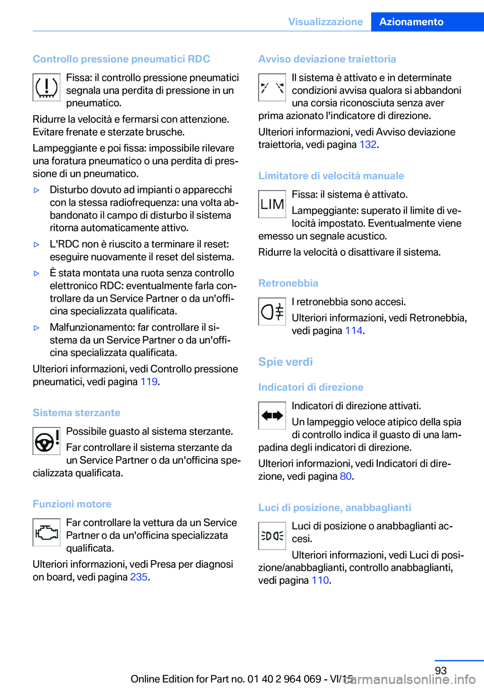BMW X6 M 2016 Libretti Di Uso E manutenzione (in Italian) Controllo pressione pneumatici RDCFissa: il controllo pressione pneumatici
segnala una perdita di pressione in un
pneumatico.
Ridurre la velocità e fermarsi con attenzione.
Evitare frenate e sterzate BMW X6 M 2016 Libretti Di Uso E manutenzione (in Italian) Controllo pressione pneumatici RDCFissa: il controllo pressione pneumatici
segnala una perdita di pressione in un
pneumatico.
Ridurre la velocità e fermarsi con attenzione.
Evitare frenate e sterzate