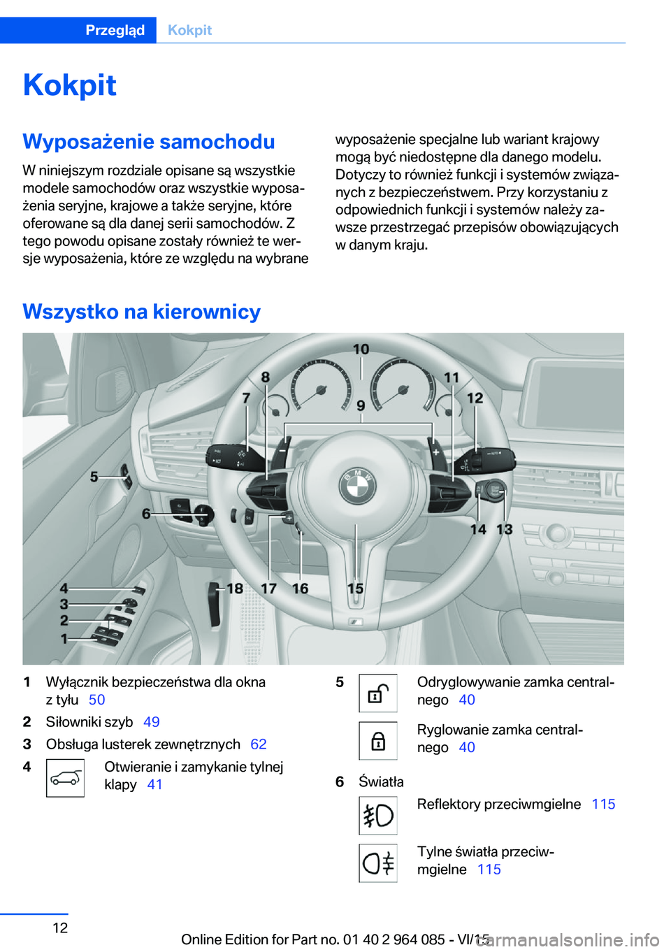 BMW X6 M 2016  Instrukcja obsługi (in Polish) KokpitWyposażenie samochoduW niniejszym rozdziale opisane są wszystkie
modele samochodów oraz wszystkie wyposa‐
żenia seryjne, krajowe a także seryjne, które
oferowane są dla danej serii samo
