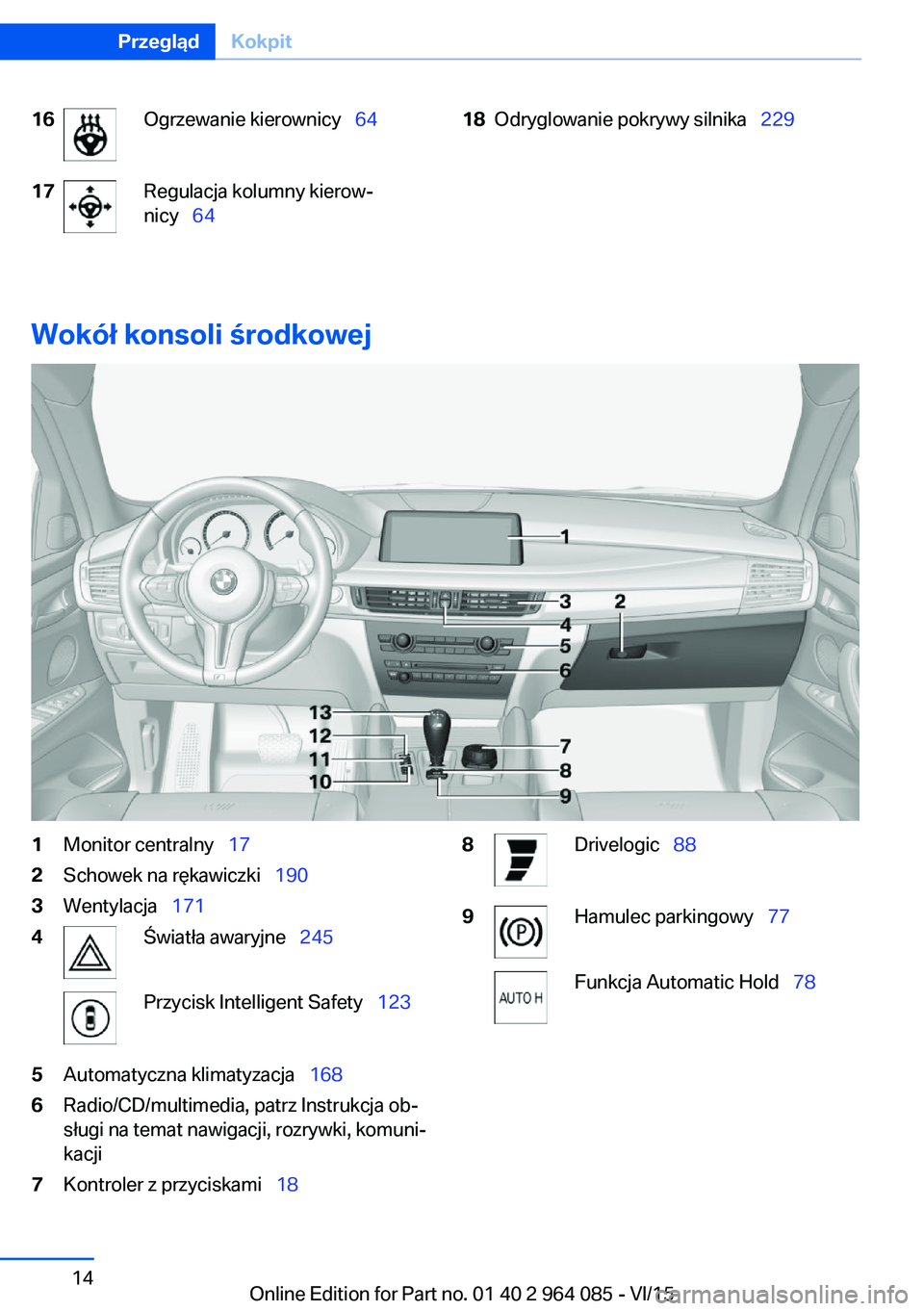 BMW X6 M 2016  Instrukcja obsługi (in Polish) 16Ogrzewanie kierownicy  6417Regulacja kolumny kierow‐
nicy   6418Odryglowanie pokrywy silnika   229
Wokół konsoli środkowej
1Monitor centralny  172Schowek na rękawiczki   19