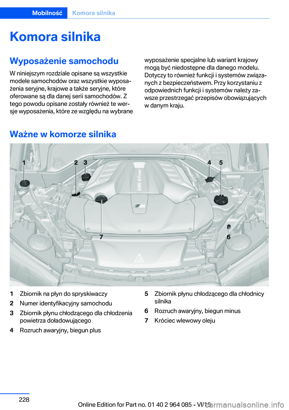 BMW X6 M 2016  Instrukcja obsługi (in Polish) Komora silnikaWyposażenie samochodu
W niniejszym rozdziale opisane są wszystkie
modele samochodów oraz wszystkie wyposa‐
żenia seryjne, krajowe a także seryjne, które
oferowane są dla danej s