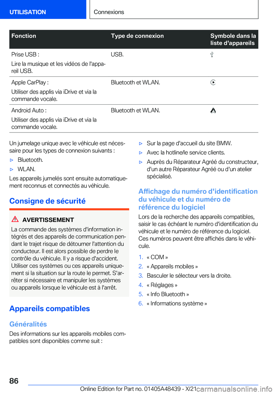 BMW X7 2022  Notices Demploi (in French) �F�o�n�c�t�i�o�n�T�y�p�e��d�e��c�o�n�n�e�x�i�o�n�S�y�m�b�o�l�e��d�a�n�s��l�a
�l�i�s�t�e��d�'�a�p�p�a�r�e�i�l�s�P�r�i�s�e��U�S�B��:
�L�i�r�e��l�a��m�u�s�i�q�u�e��e�t��l�e�s��v�i�d�é�o�