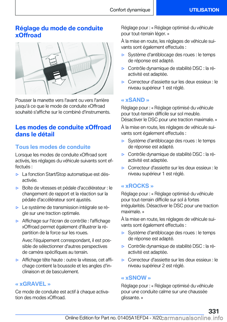 BMW X7 2021  Notices Demploi (in French) �R�é�g�l�a�g�e��d�u��m�o�d�e��d�e��c�o�n�d�u�i�t�e
�x�O�f�f�r�o�a�d
�P�o�u�s�s�e�r��l�a��m�a�n�e�t�t�e��v�e�r�s��l�'�a�v�a�n�t��o�u��v�e�r�s��l�'�a�r�r�i�è�r�e �j�u�s�q�u�'�