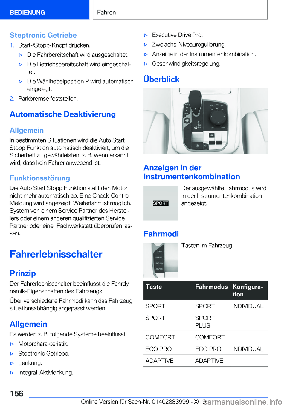 BMW X7 2020  Betriebsanleitungen (in German) �S�t�e�p�t�r�o�n�i�c��G�e�t�r�i�e�b�e�1�.�S�t�a�r�t�-�/�S�t�o�p�p�-�K�n�o�p�f��d�r�