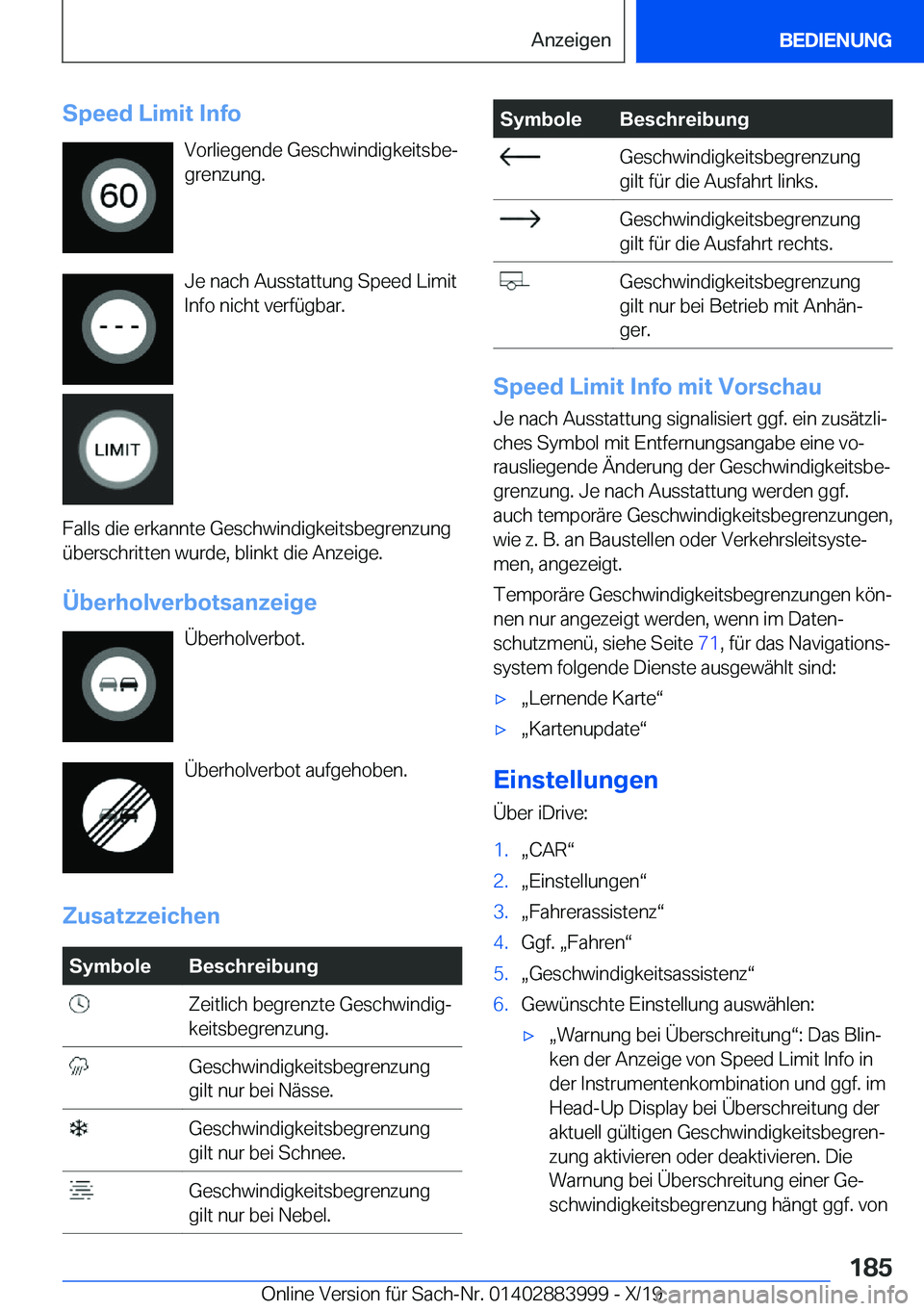 BMW X7 2020  Betriebsanleitungen (in German) �S�p�e�e�d��L�i�m�i�t��I�n�f�o�V�o�r�l�i�e�g�e�n�d�e��G�e�s�c�h�w�i�n�d�i�g�k�e�i�t�s�b�ej�g�r�e�n�z�u�n�g�.
�J�e��n�a�c�h��A�u�s�s�t�a�t�t�u�n�g��S�p�e�e�d��L�i�m�i�t �I�n�f�o��n�i�c�h�t��v