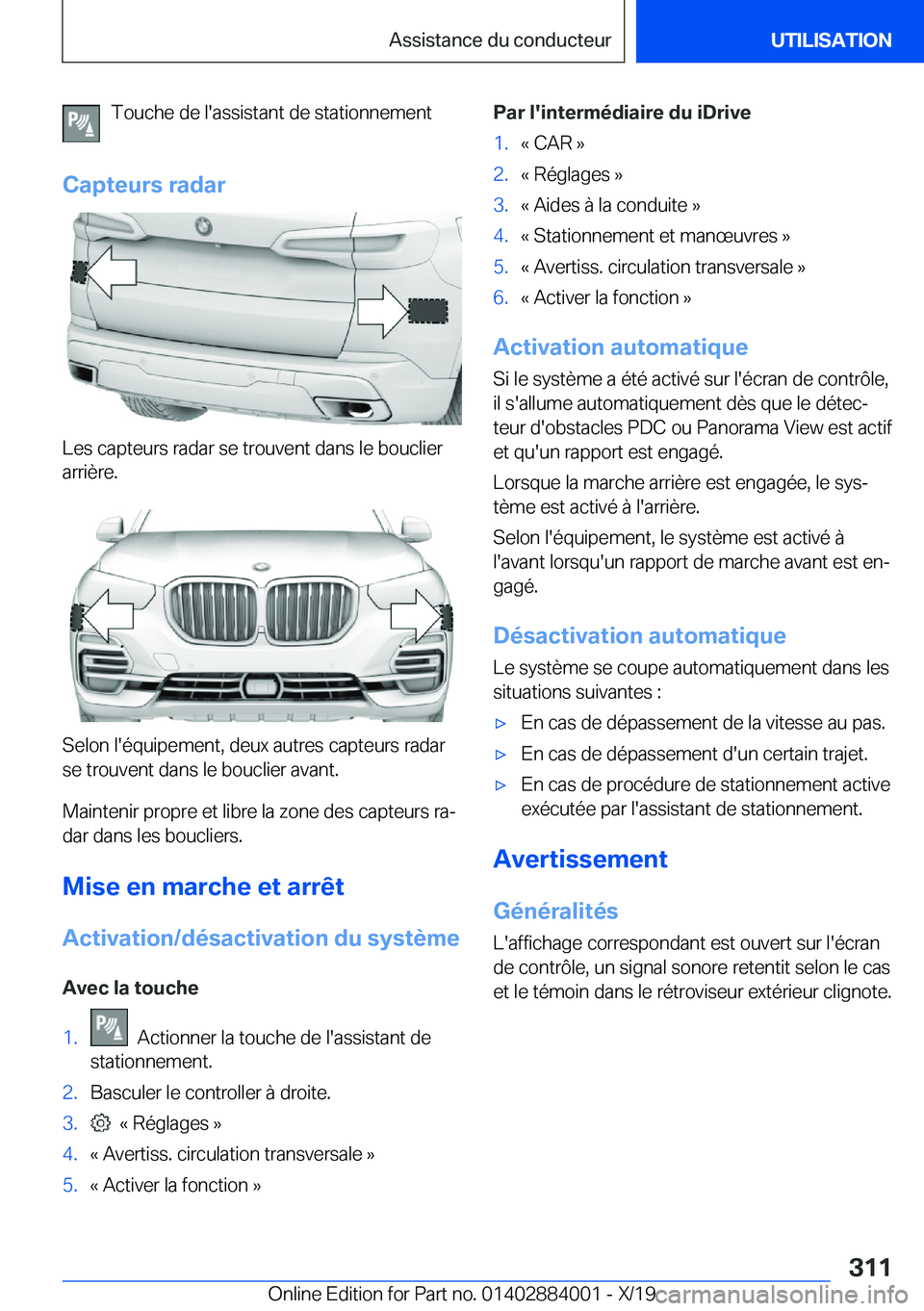 BMW X7 2020  Notices Demploi (in French) �T�o�u�c�h�e��d�e��l�'�a�s�s�i�s�t�a�n�t��d�e��s�t�a�t�i�o�n�n�e�m�e�n�t
�C�a�p�t�e�u�r�s��r�a�d�a�r
�L�e�s��c�a�p�t�e�u�r�s��r�a�d�a�r��s�e��t�r�o�u�v�e�n�t��d�a�n�s��l�e��b�o�u�c�l�i