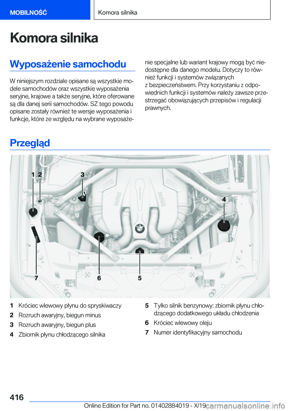 BMW X7 2020  Instrukcja obsługi (in Polish) �K�o�m�o�r�a��s�i�l�n�i�k�a�W�y�p�o�s�a9�e�n�i�e��s�a�m�o�c�h�o�d�u
�W��n�i�n�i�e�j�s�z�y�m��r�o�z�d�z�i�a�l�e��o�p�i�s�a�n�e��s�