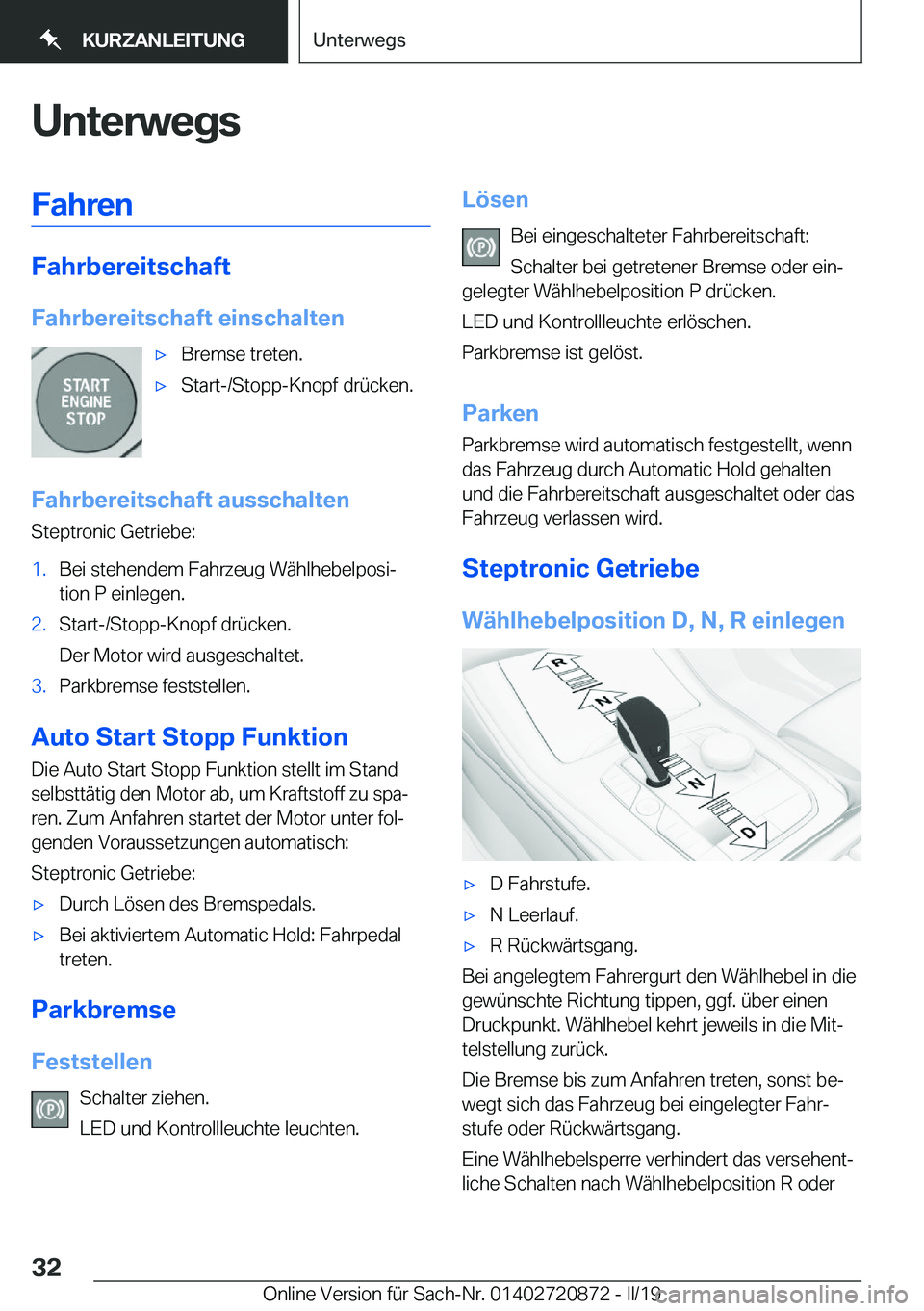 BMW X7 2019  Betriebsanleitungen (in German) �U�n�t�e�r�w�e�g�s�F�a�h�r�e�n
�F�a�h�r�b�e�r�e�i�t�s�c�h�a�f�t
�F�a�h�r�b�e�r�e�i�t�s�c�h�a�f�t��e�i�n�s�c�h�a�l�t�e�n
x�B�r�e�m�s�e��t�r�e�t�e�n�.x�S�t�a�r�t�-�/�S�t�o�p�p�-�K�n�o�p�f��d�r�